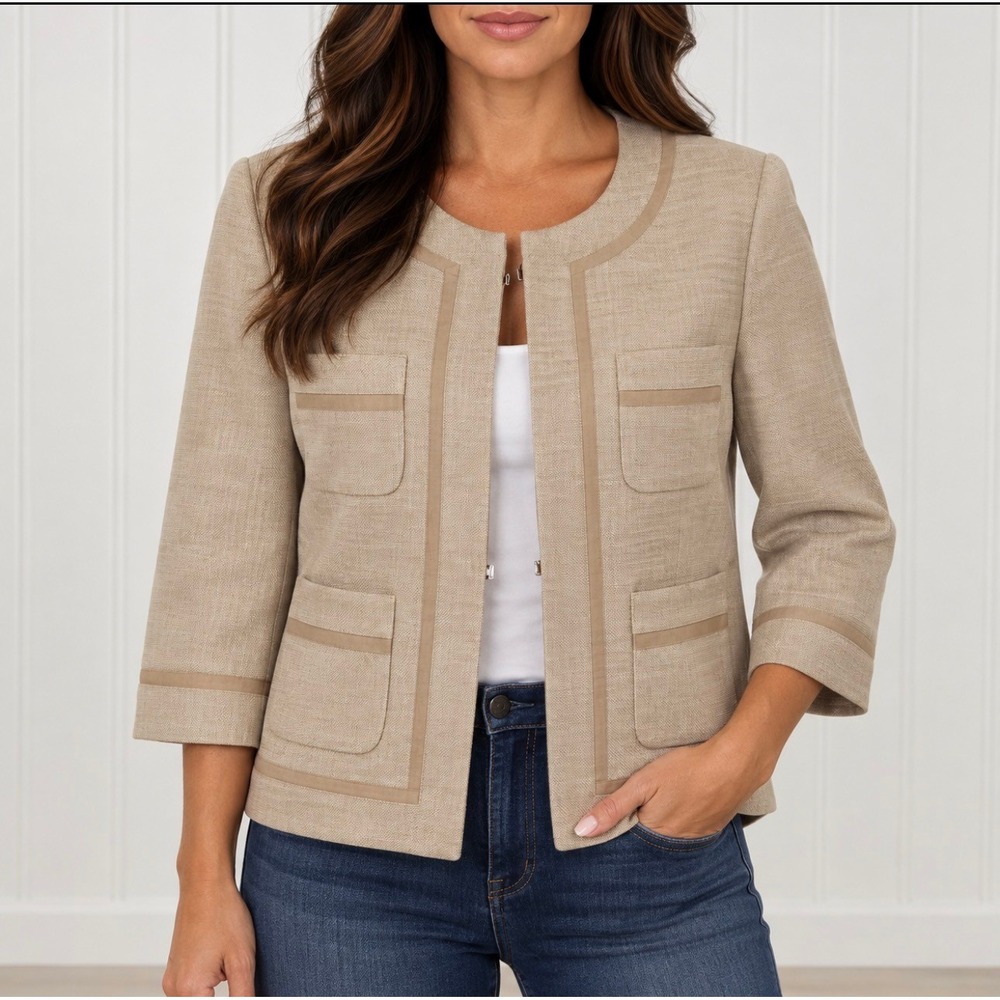 Amanda Smith Jacket 12 Tan Good Linen 3/4 Sleeve Hook Front Trimmed Pockets